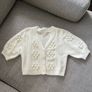 Bohme Cropped Pom Pom Detail Button Front Puff Sleeve Cardigan
